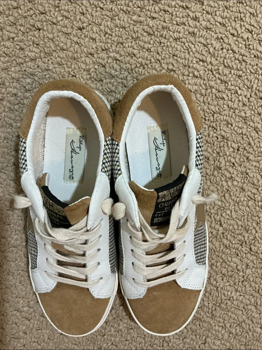 Vintage Havana Tan Suede & White Leather Sneakers with Houndstooth Trim